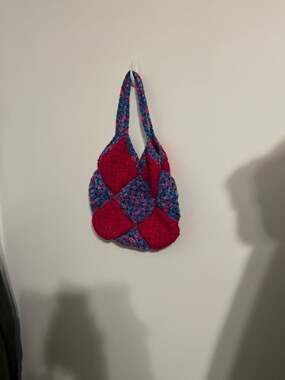 Handmade Crochet Patchwork Granny Square Tote Bag in Pink and Blue